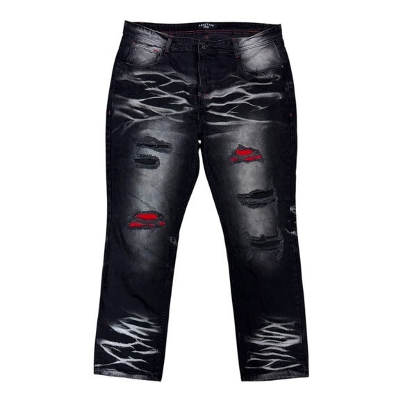 Arketype Mens Distressed Jeans 42x32 Black Red Patch Straight Leg 100% Cotton - Picture 1 of 12
